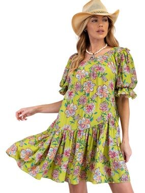 Easel Lime Blossom Babydoll Bubble Dress Puff Sleeve size Large